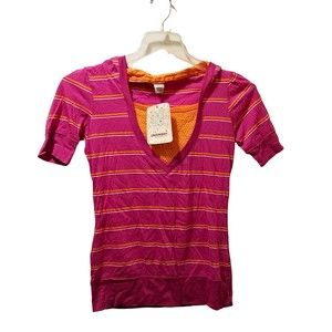 Unionbay Junior’s Fuchsia Orange Striped Hearts Hooded Cotton Tee Top Size M